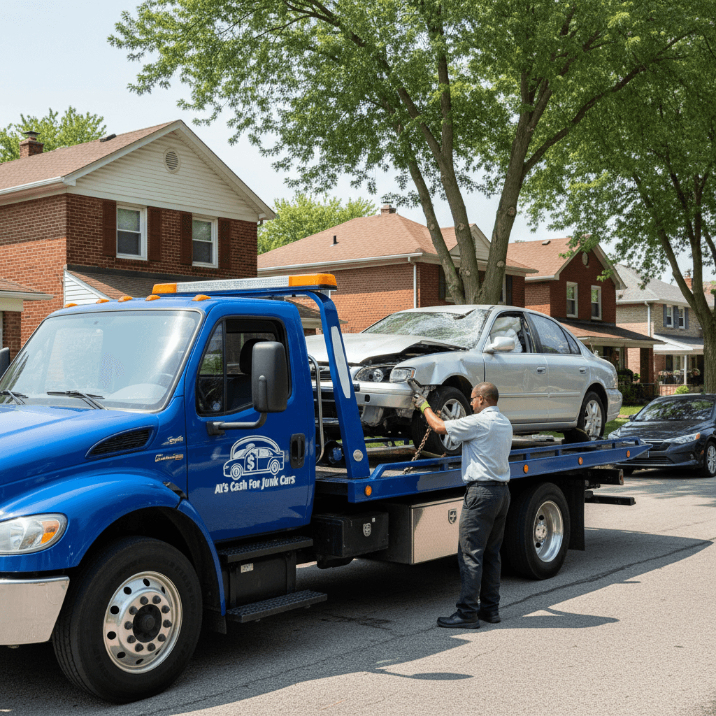 Blue tow truck hauling a junk car in a metro Detroit residential area.